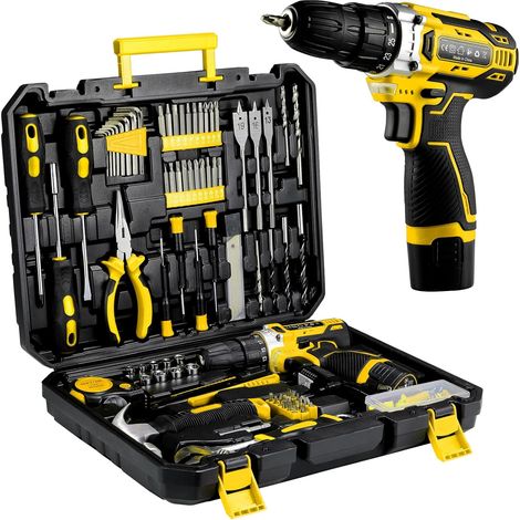 Caisse a Outil Perceuse à Percussion Sans fil 12V, Boîte à Outils 138 Pièces Malette Outils complete avec Perceusepour Réparation, Entretien et Travail pour Jardin, Bureau, Domicile (jaune)