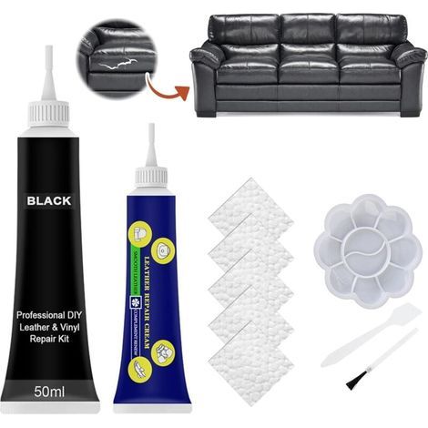 Housse de canapé. Reparation Cuir Voiture. Renovateur Cuir. Kit Reparation Cuir pour Fissures et Trous dans Les Meubles. Canapés. Sièges de Voiture. Rayures et Craquelures Reparation- (50ml Noir) (1/4)