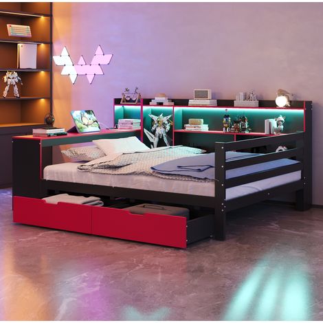 lit adulte rangement bureau 140x200 bois noir rouge OKMYHOME (1/5)