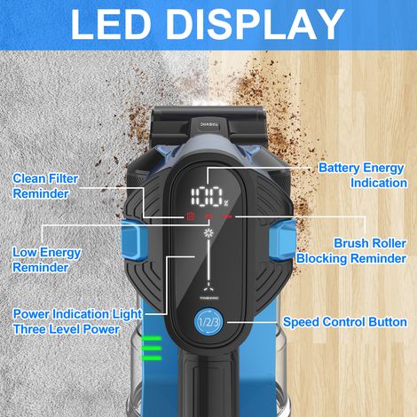 Aspirateur balai sans fil TASVAC S8 bleu, écran LED, brosse douce rotative, puissant, léger, pour sols durs et tapis, batterie longue durée (1/5)