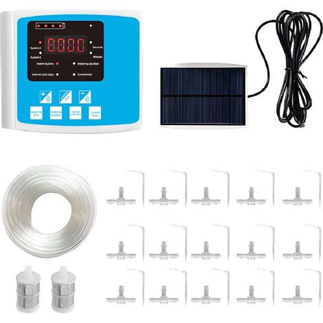 Kit d'irrigation goutte à goutte automatique solaire, double pompe, 15 pots, minuterie programmable, USB, pour intérieur extérieur jardin (1/4)