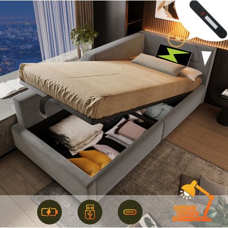 Letto contenitore 90x190 cm, letto bambino singolo con lampada da lettura e ricarica USB-C, in velluto, grigio (1/5)