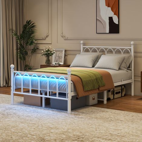 Cadre métal 120×200cm vintage,tête/pied,USB,LED,support acier,rangement sous lit,sans sommier blanc