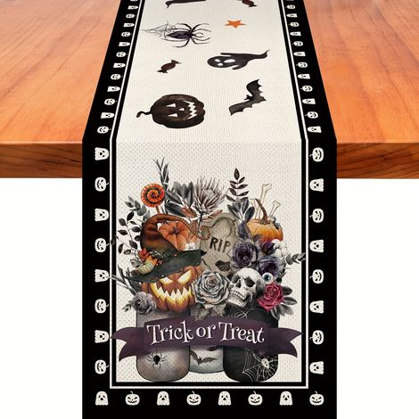 Lot de 3 chemins de table Halloween, 33 x 183 cm, en lin, motif château fantôme, pour la décoration de table de votre maison. (1/5)