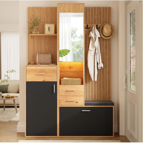 Garde-robe d’entrée avec meuble à chaussures, miroir, banc et LED, 120 x 32 x 178 cm (1/5)