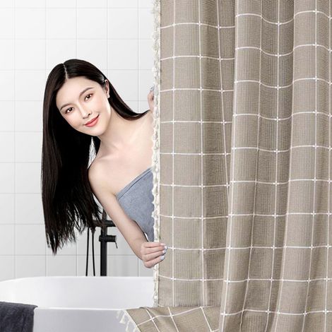 WQQZJJ Duschvorhang-Set im Bohemian-Retro-Stil, Leinenstoff mit Streifenmuster im Landhausstil, mit Quasten, wasserdicht - kompatibel mit Standard-Duschvorhangstangen.