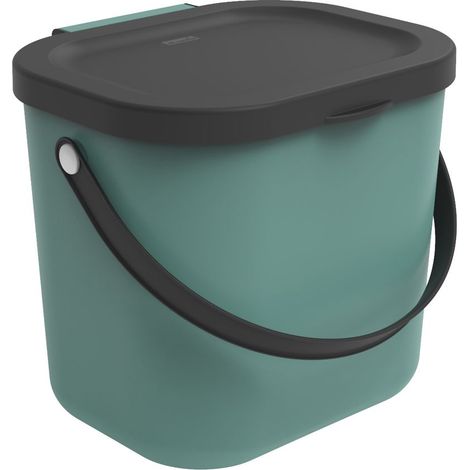 Rotho Albula Cubo de basura biológica de 6 litros con tapa y asa para la cocina., Plástico (PP) sin BPA, verdeoscuro/antracita, 6l (23.5 x 20.0 x 20.8 cm) (1/5)