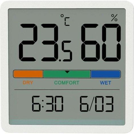 Hygromètre et thermomètre d'intérieur, thermomètre numérique de bureau avec moniteur de température et d'humidité. Jauge d'humidité précise avec horloge. Design blanc.
