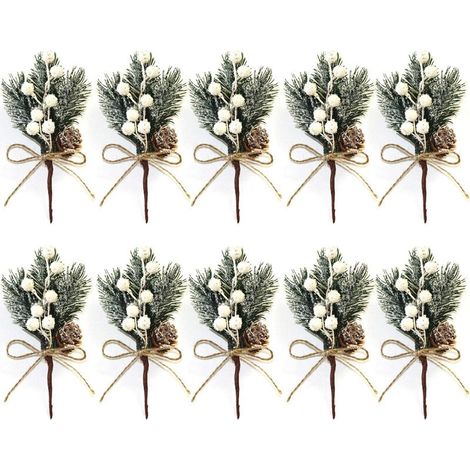 Conjunto de 10 pequeños tallos artificiales de bayas blancas de Navidad de 15 cm con piñas, acebo, flores navideñas para coronas navideñas, decoración de jarrones de interior. (1/5)