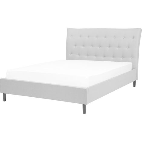 Cama tapizada gris claro 140 x 200 cm con somier y cabecero acolchado Saverne