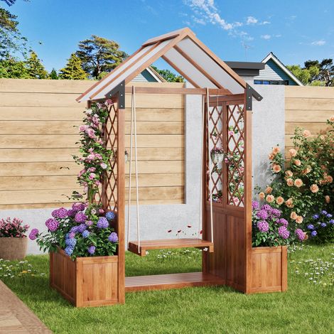 Jardinière avec treillis et balançoire bois marron OKMYHOME (1/5)