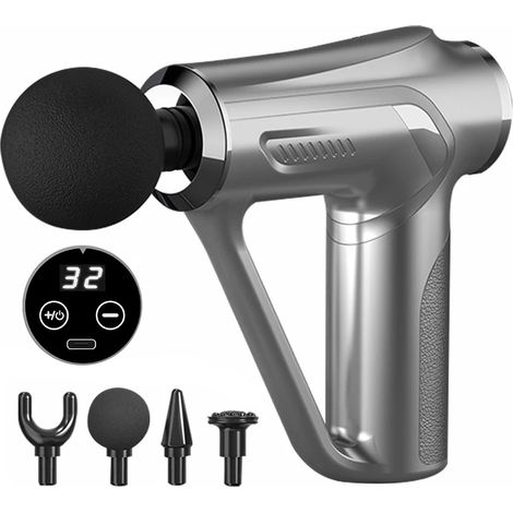 Pistolet de massage musculaire électrique triangulaire avec écran LCD, 4 têtes de massage, gris-AquaForge