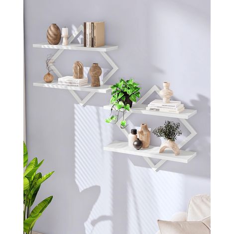 Étagère flottantes, Lot de 2, Étagères murales à 2 Niveaux, Rangements Suspendus avec Cadre métallique losangé, pour Salon, Chambre, Cuisine, Bureau, Blanc (1/5)