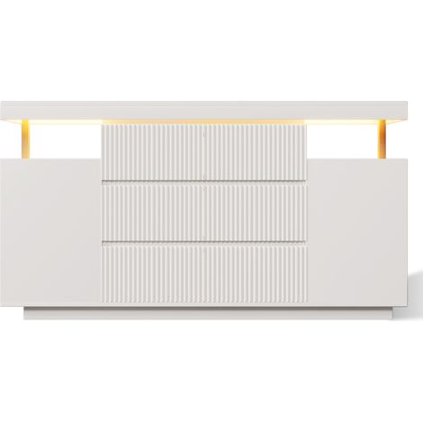 Credenza LED bianca 150 x 40 x 78 cm con 6 cassetti e 2 ante, MDF e metallo (1/5)