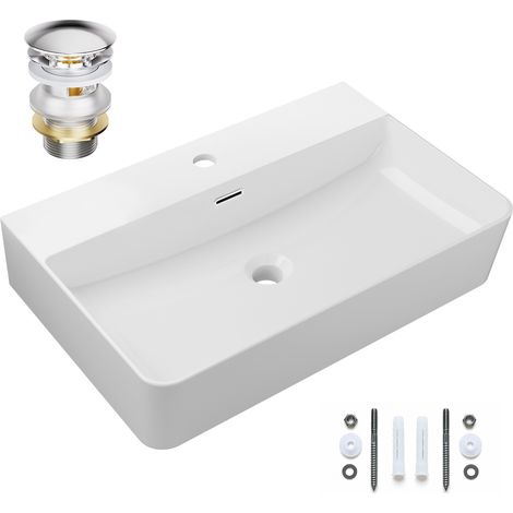 CECIPA MAX Lavabo de cerámica de 59 x 43 cm – Lavabo de sobreencimera y mural, color blanco, con rebosadero e incluye válvula clic-clac – Cuadrado – Para baño y aseo de invitados