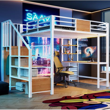 Letto a soppalco moderno in metallo bianco 140x200 cm con scrivania, scaffali, appendiabiti, LED e presa