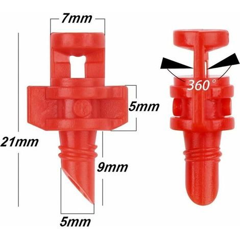 Confezione da 100 mini ugelli a 360 gradi, rossi, microirrigatori nebulizzatori a rifrazione singola a 360 gradi per alberi da frutto, piante in vaso, irrigazione agricola, risparmio idrico, irrigazio (1/4)