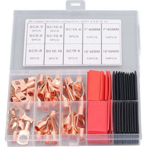 80 pieces of red copper battery cable crimped terminal connector with thermoretractable tube, DUBUNS (1/4)
