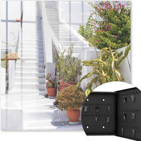 Armoire à clés - (30 cm x 30 cm) - Boîte à clés murale - Coffret de rangement pour clés - Couleur noire - Ouverture vers la droite - Pour maison et bureau - Escaliers avec plantes (1/5)