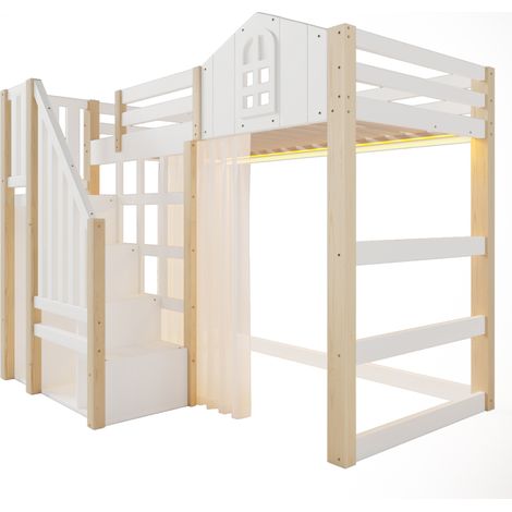 Letto a soppalco 90x200 cm con LED, scala contenitore, tenda, bianco e naturale (1/5)