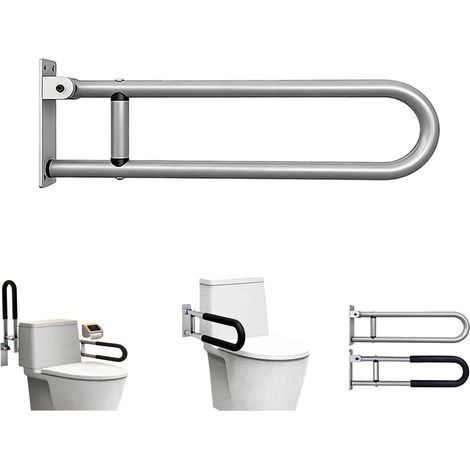 Toilet Safety Rail, 23,8 pouces U-Shaped Handicap Grab Bar, Foldable Senior Safety Pole, Flip Up Toilet Grab Bar with Anti-Slip Support Handle, 300 Lb Load Capacity for Elderly (Silver) (1/5)