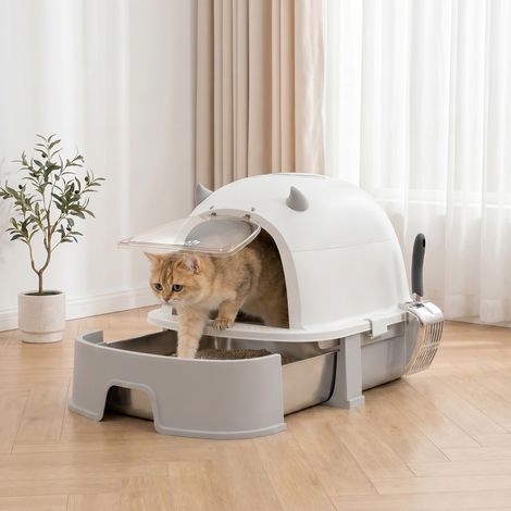 Grand bac à litière pour chat avec couvercle amovible, plateau en acier inoxydable et pelle (gris) (1/5)