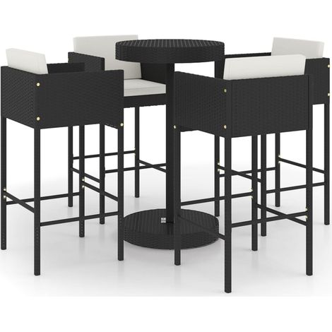 Ensemble de bar de jardin 5 pièces et coussins résine tressée noir