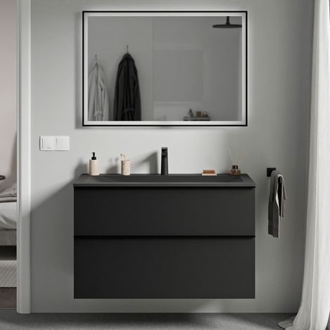 BERNSTEIN - Meuble vasque suspendu salle de bain MDF Noir mat, lavabo fonte minérale Noir mat + trou robinet, poignée métal Chrome - 100x46x62cm - LAVOA Noir mat, Chrome, Noir mat avec trou pour robin