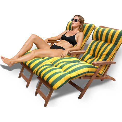 Coussin bain de soleil lignes jaunes et vertes – Remplissage mousse haute densité – Séchage rapide – Large élastique résistant (1/5)