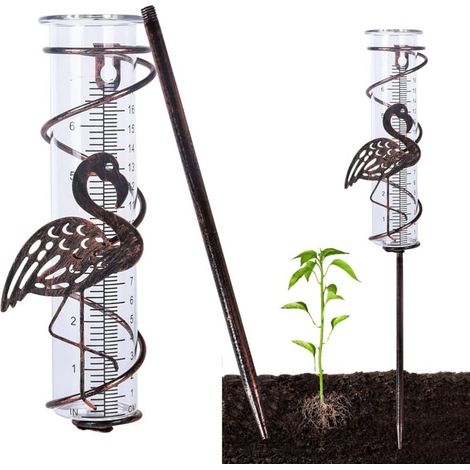 Pluviomètre, pluviomètre en verre avec pieux métalliques, outil de mesure de pluie, jardin, Cour, pluviomètre décoratif extérieur (Flamingo) (1/4)