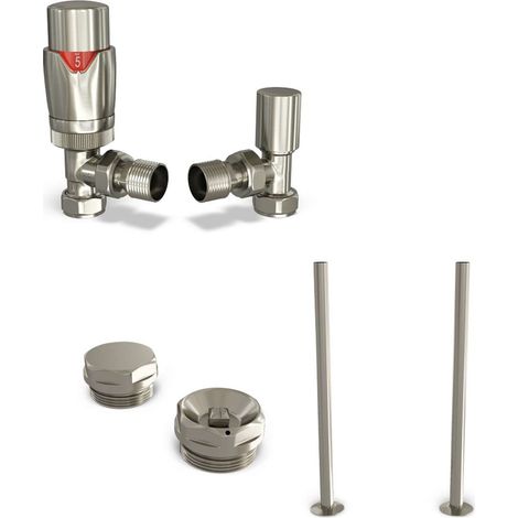 Stirling Bold - Silver Nickel Thermostatic Radiator Valve & Installation Kit Angled 15mm (130mm version) (1/2)