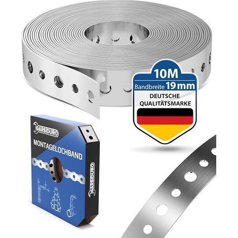 Bande perforée de montage en acier galvanisé [19 mm x 10 m]  Feuillard perforé pour fixation de câbles, conduits et tuyaux  Bande de montage flexible avec clous (1/4)