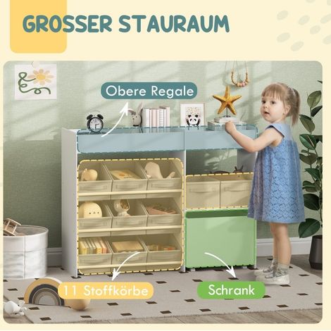 Étagère de rangement pour enfants avec 11 boîtes en tissu, compartiments supérieurs et stickers, blanche, 105 x 30 x 80 cm (1/5)