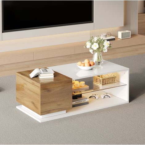 REDOM - Tavolino da caffè 105x50x36 cm, LED 29 modalità, vano portaoggetti con ripiani laterali, pannello truciolare, bianco e rovere (1/5)
