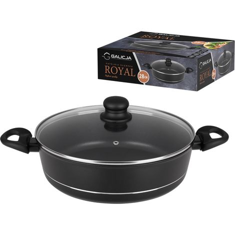 Sartén honda con tapa Royal de 28 cm, 2 asas, revestimiento antiadherente Dyflon, tapa de cristal, apta para inducción de gas. (1/4)