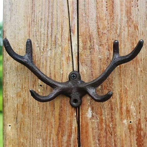 Decorative cast iron wall hook in the shape of an animal, wall-mounted coat rack, sturdy hooks for hats, keys, coats (short deer antler) (1/4)