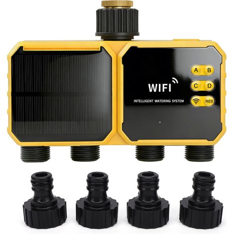 Minuterie d'arrosage 4 zones, eau solaire WiFi avec télécommande APP, fonction de détection de pluie, panneau réglable à 90°, contrôleur d'irrigation automatique extérieur pour pelouse, jardin, fileta (1/5)
