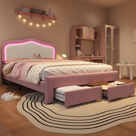 Lit enfant 140x200 cm 2 places, cadre en velours rose, dossier blanc rembourré, LED contrôlée par appli, 2 tiroirs au pied, sommier à lattes (1/5)