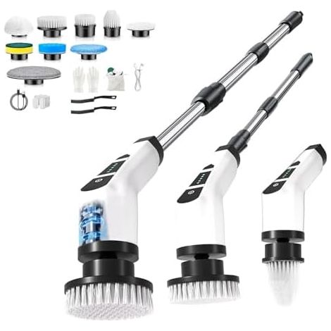 Brosse Electrique Nettoyage,Brosse Nettoyage avec 9 Têtes Interchangeables,2 Vitesses Réglables,Manche Extensible,pour Salle de Bain,Cuisine et Voiture Blanc - (1/5)