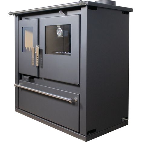 Cuisinière à bois 7,7 kW – Acier inoxydable – Volume chauffable 100-120 m³ – Rendement 82,2 % – Température des fumées 223,8 °C – Verso