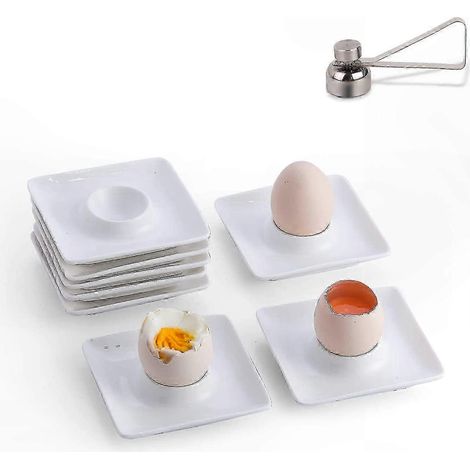 Ensemble de 8 coquetiers carrés en porcelaine blanche avec casse-œufs en acier inoxydable pour œufs à la coque (1/5)