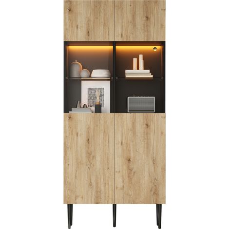 Vitrine haute LED 10 compartiments, 2 portes en verre trempé, meuble de rangement 80 x 35 x 180 cm en MDF et métal, noir et bois clair, pour salon CHICFURN (1/5)