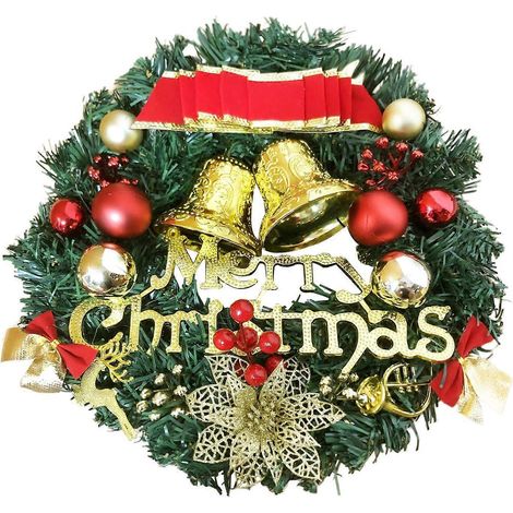 Künstlicher Weihnachtskranz, 30 cm, mit Frohe Weihnachten-Schleife und Glöckchen, zum Aufhängen an der Wand oder am Kamin (AAA) (1/4)