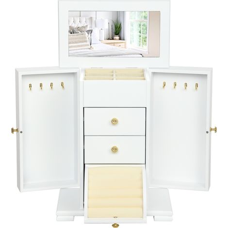 Boîte à Bijoux Femme à 4 Niveaux, Coffre à Bijoux en Bois avec Ailes, Miroir et 2 Tiroirs, 26,5x16 x33,5 cm, Blanc