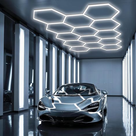 Éclairage LED Hexagonal pour Garage,14-Hex Lampe de Plafond Hexagonale nid d'abeille,456W 6500K Blanc Froid Plafonnier LED d'atelier Connectables pour Garage,Atelier,Entretien Automobile (1/5)