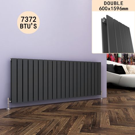 ELEGANT Anthracite Radiator Modern Horizontal Heating Radiator 600x1596mm Double Flat Panel and Chrome Angled Radiator Valves (1/5)