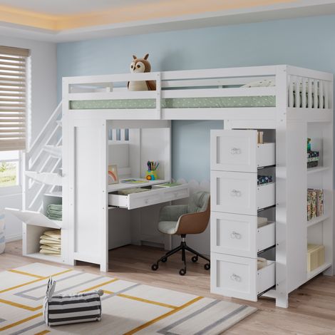 Letto a soppalco per bambini bianco con area studio e contenitore 90 x 200 cm, OKWISH (1/5)