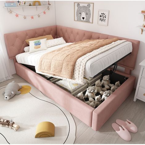 Polsterbett 90x200 cm aus rosa Samt, mit hydraulischem Stauraum und reversibler Kopfteilmontage (1/5)