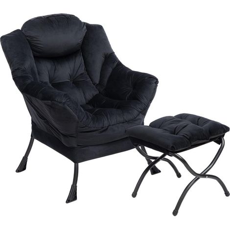 Sessel mit Hocker, Samt Ohrensessel, Relaxsessel für Wohnzimmer, Schwarz (1/5)