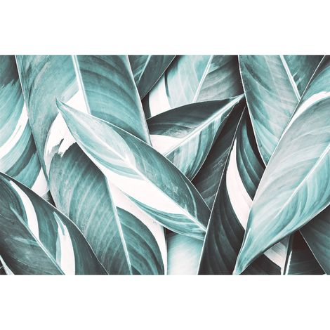 Papier peint panoramique feuille bleu & gris | Tapisserie panoramique jungle moderne | Papier peint panoramique chambre adulte & escalier - 267 x 400 cm (4 pièces) (1/2)
